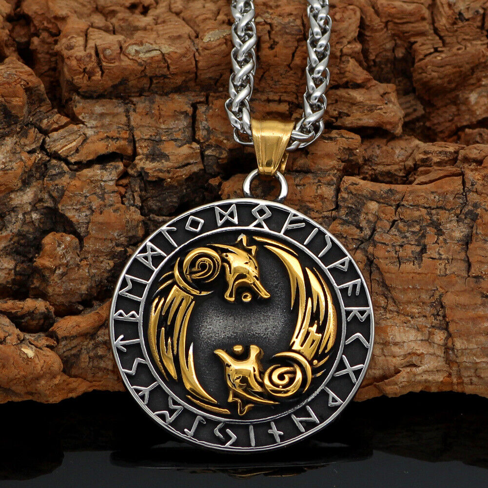 Men\'s Vintage Stainless Steel Nordic Viking Runes Wolf Pendant Necklace Amulet