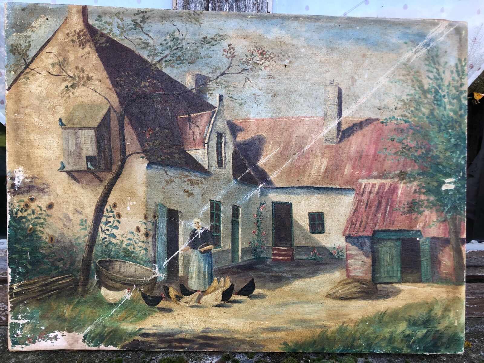 Antique French Primitive Folk Art Naive Chickens Farmhouse Oil Painting c1900s