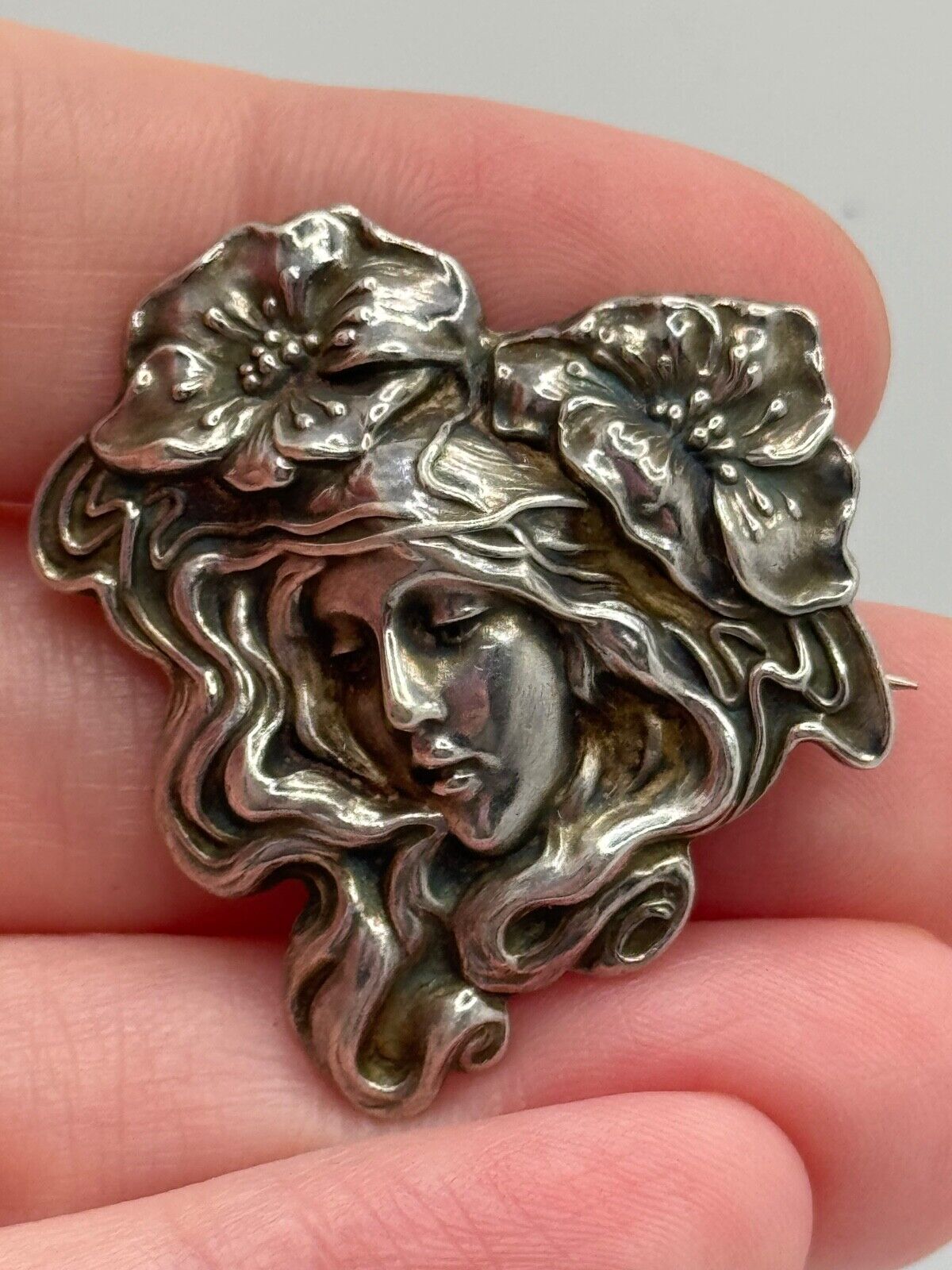 Antique Unger Brothers Art Nouveau Sterling Silver Woman Flower Brooch Pin