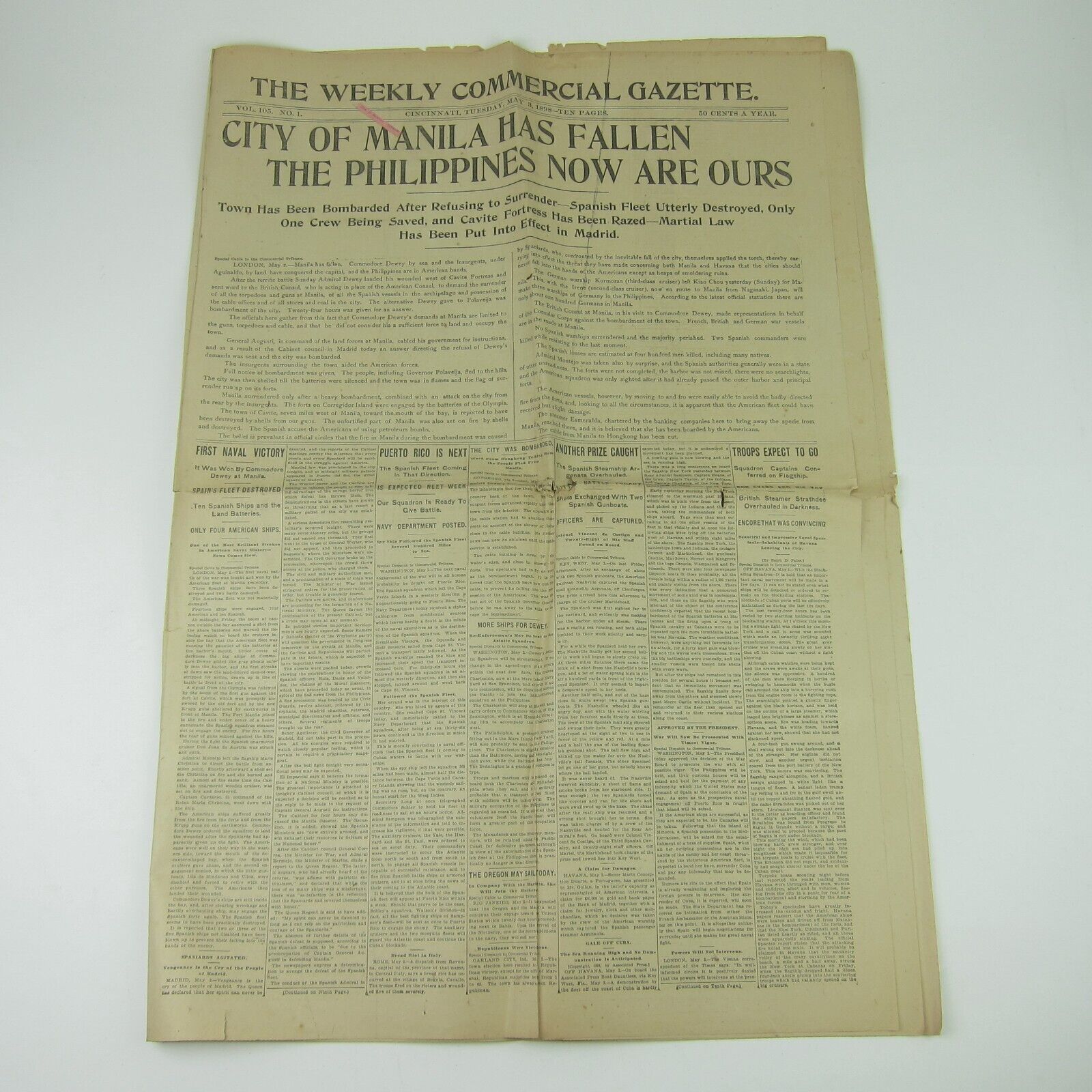Spanish American War Newspaper Manila Philippines Fallen Cover May 1898 Antique