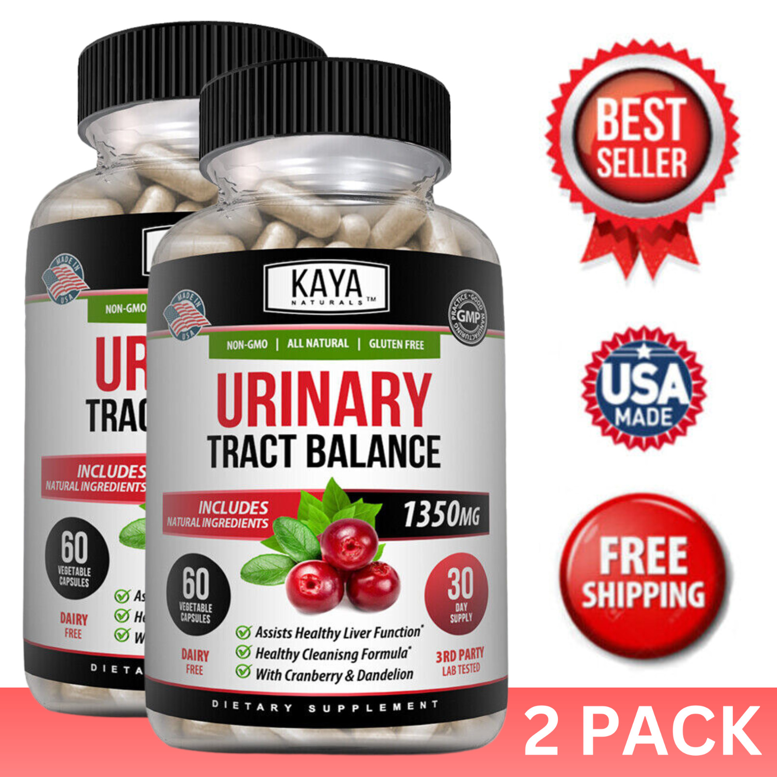 (2 Pack) Urinary Tract Balance 60ct D Mannose w/ Cranberry Hibiscus Dandelion