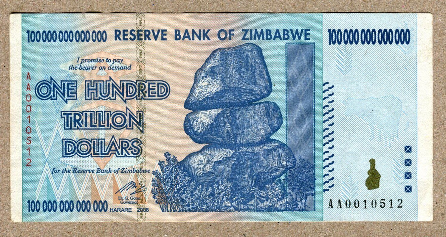 Zimbabwe 100 Trillion Dollar EXTREMELY LOW Serial AA001..VF Money Inflation
