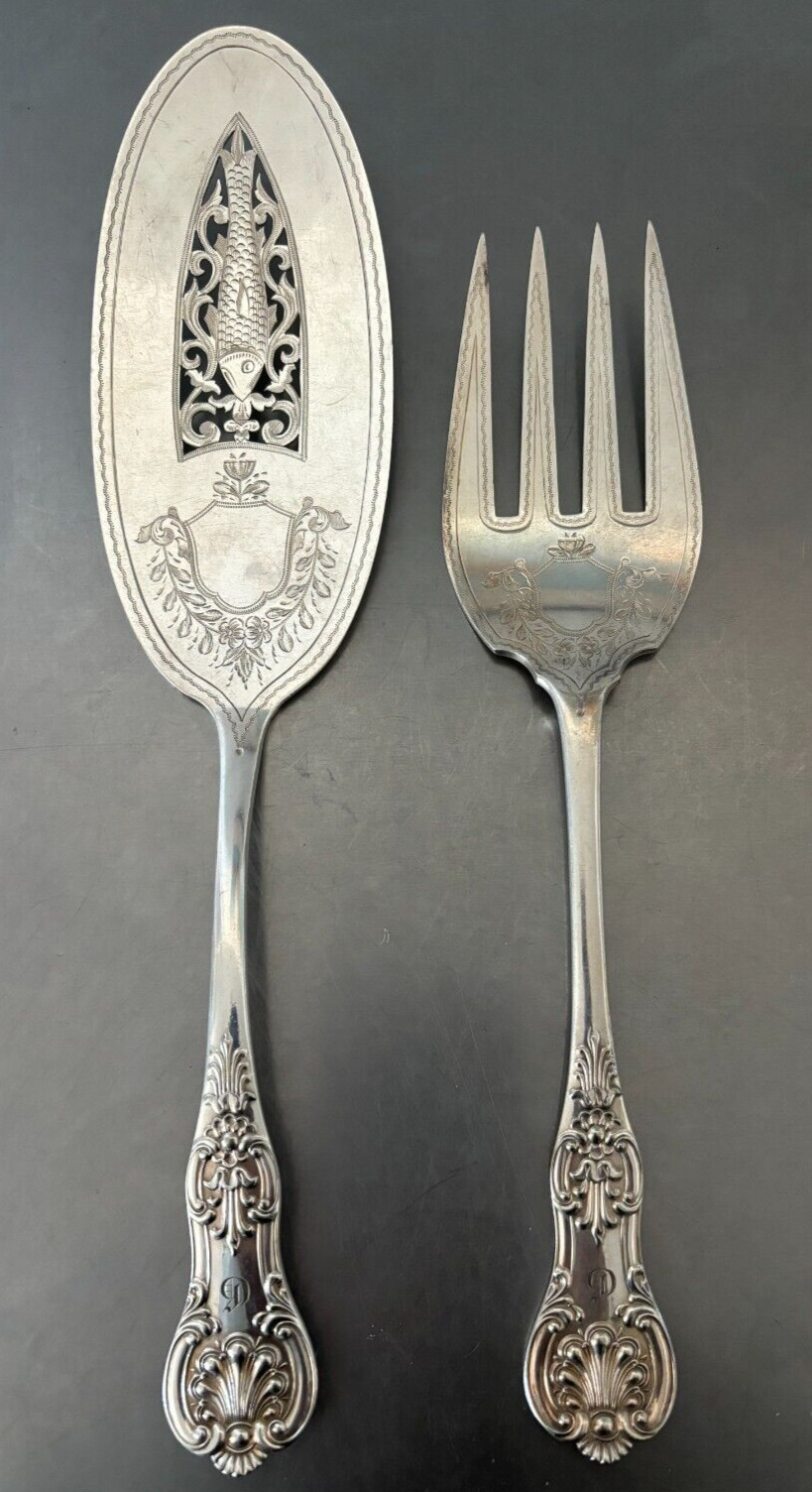 Antique Martin Hall & Co KINGS FISH SERVING SET Silver Plated Slice & Fork Mono