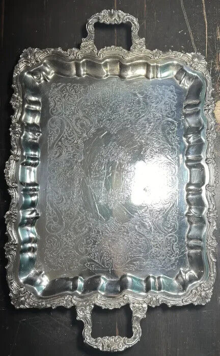 Antique Sheridan Footed Silverplate Ornate Butler’s Serving Tray Large 25” x 15”