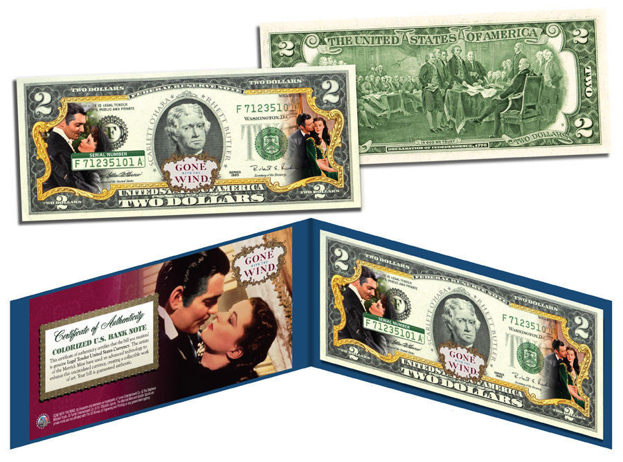 GONE WITH THE WIND Movie Colorized $2 Bill US Legal Tender *OFFICIALLY LICENSED*