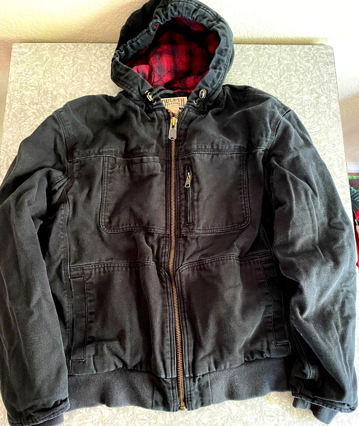 Duluth Trading Co Fire Hose Flannel Lined Heavyweight Hooded Black Work Jacket L