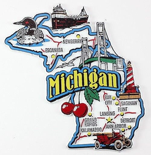 MICHIGAN STATE MAP AND LANDMARKS COLLAGE FRIDGE COLLECTIBLE SOUVENIR MAGNET