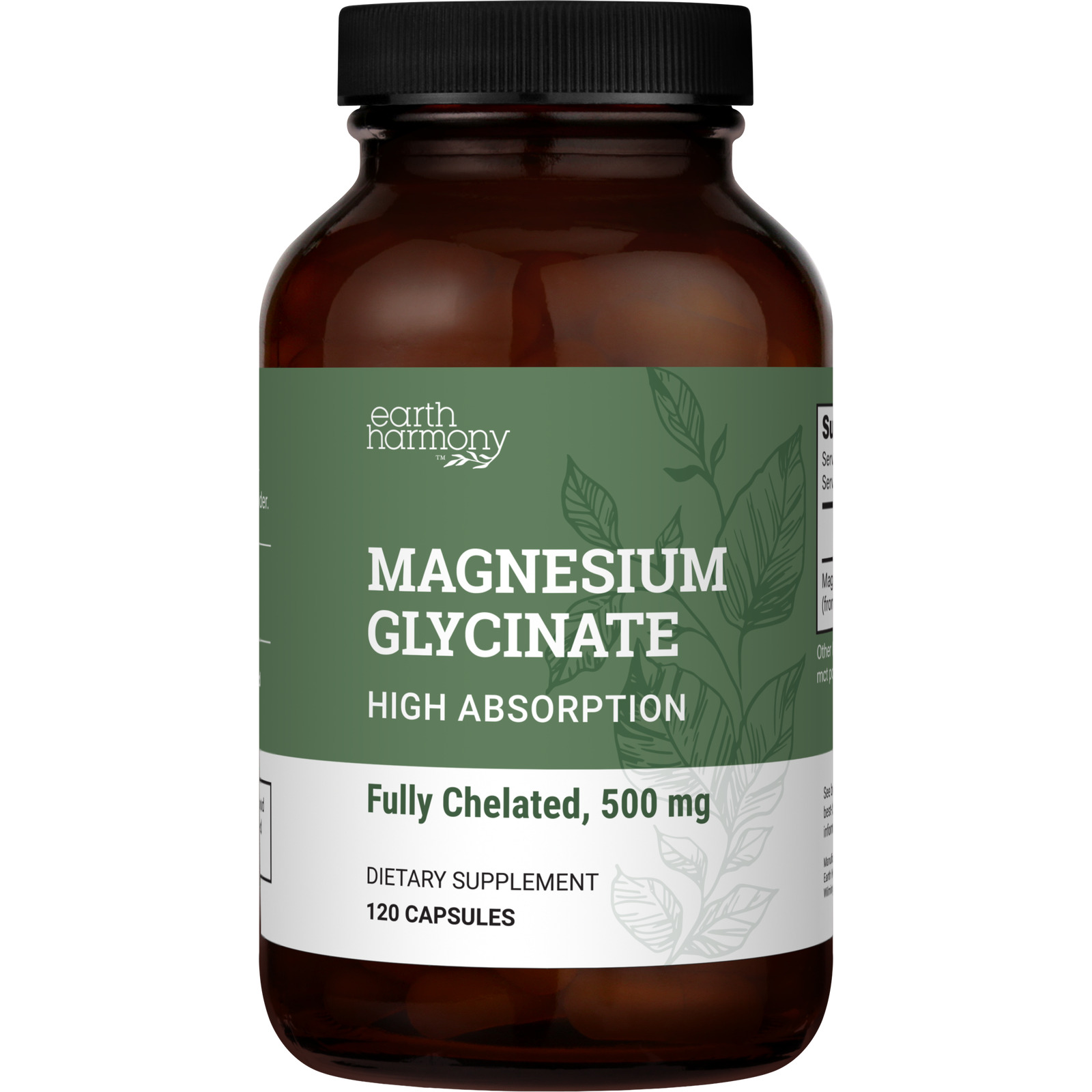 Earth Harmony Magnesium Glycinate 500mg, 2-Pack - 120 Capsules Per Bottle