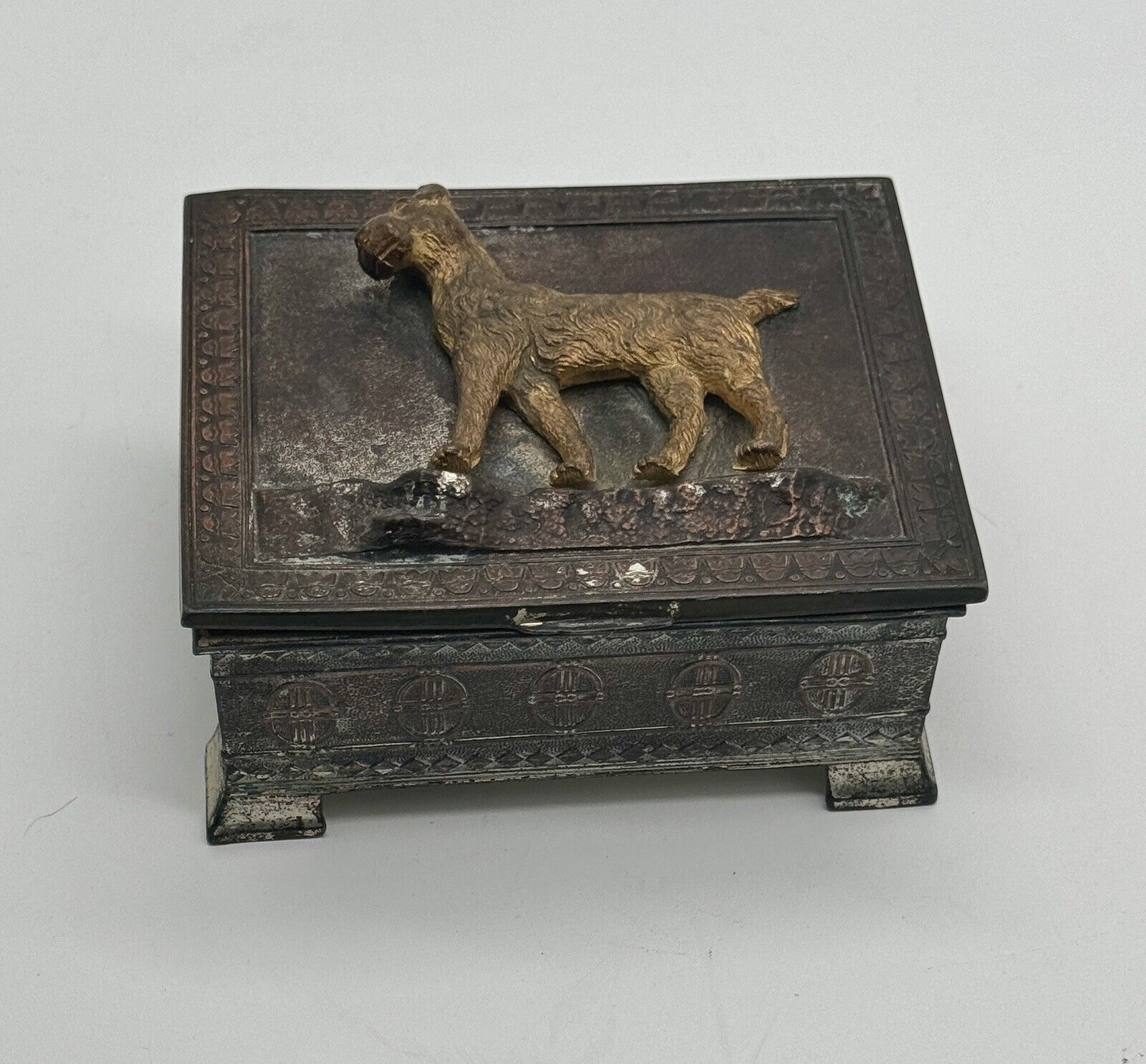 Vintage Bronze Wood Lined Scottie Dog Lidded & Footed Trinket Box ~ 4” x 3.25”