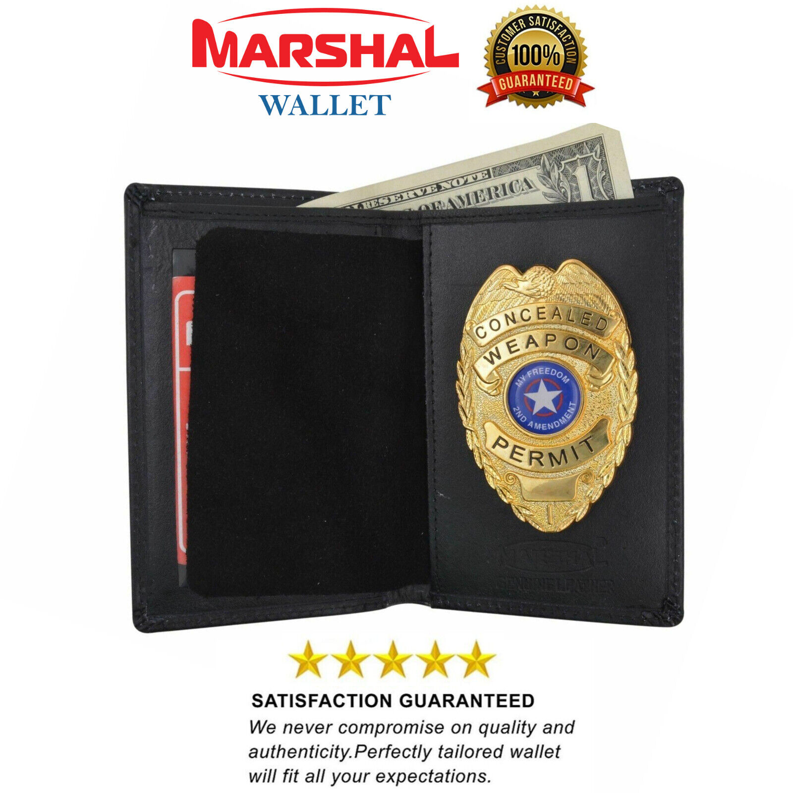 Marshal Genuine Leather Slim Bifold ID Money Badge Holder Wallet