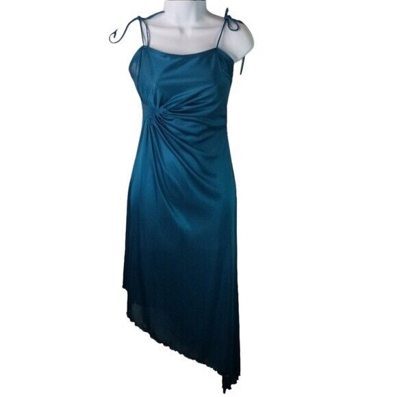 Vtg 70s funky brand teal blue halter shoulder tie asymmetrical dress