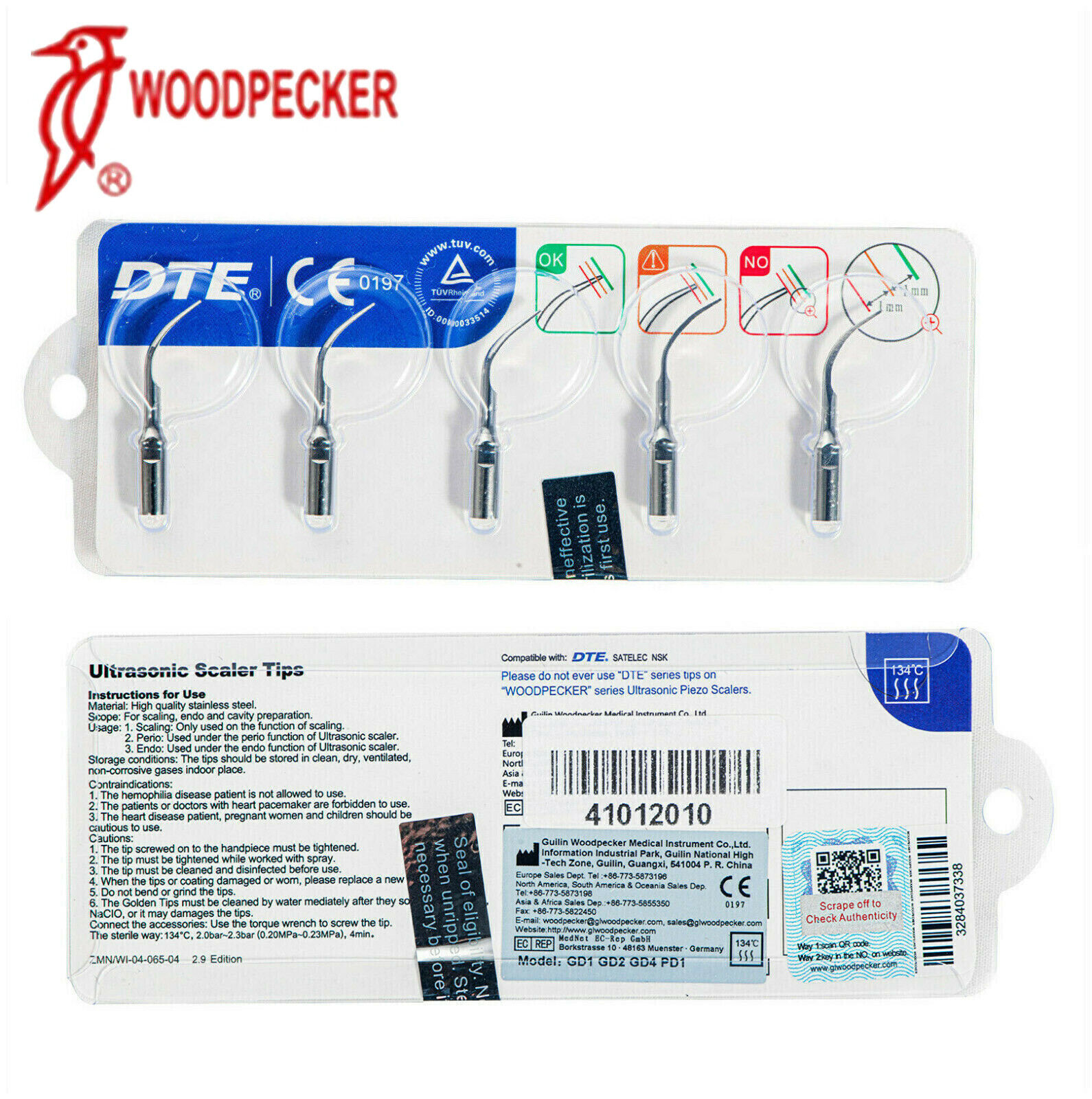 5PCS Original Woodpecker Ultrasonic Scaler Tips Set for DTE D1 SATELEC Handpiece
