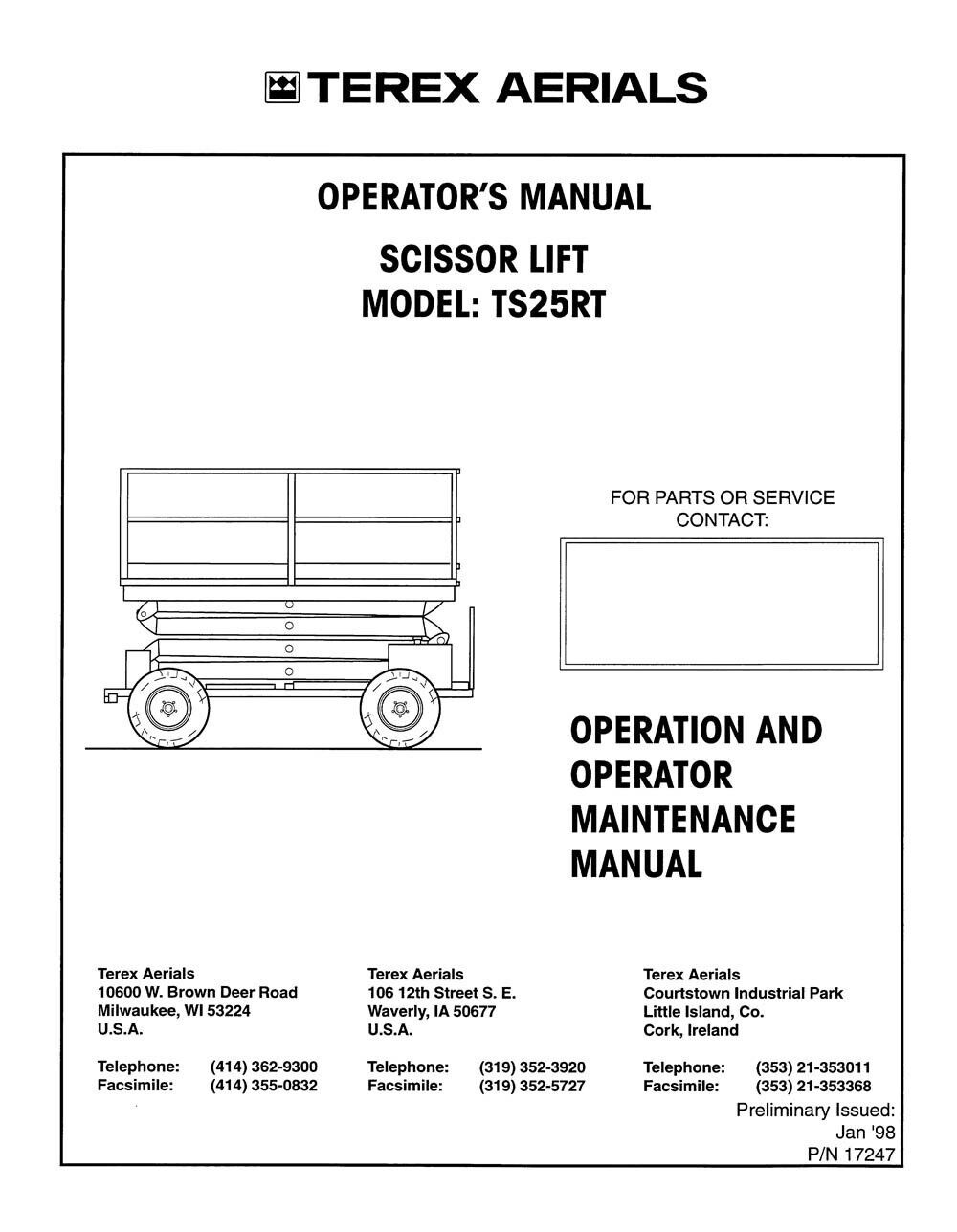 Terex Aerials Scissor Lift TS25RT Operators Operation Maintenance Manual