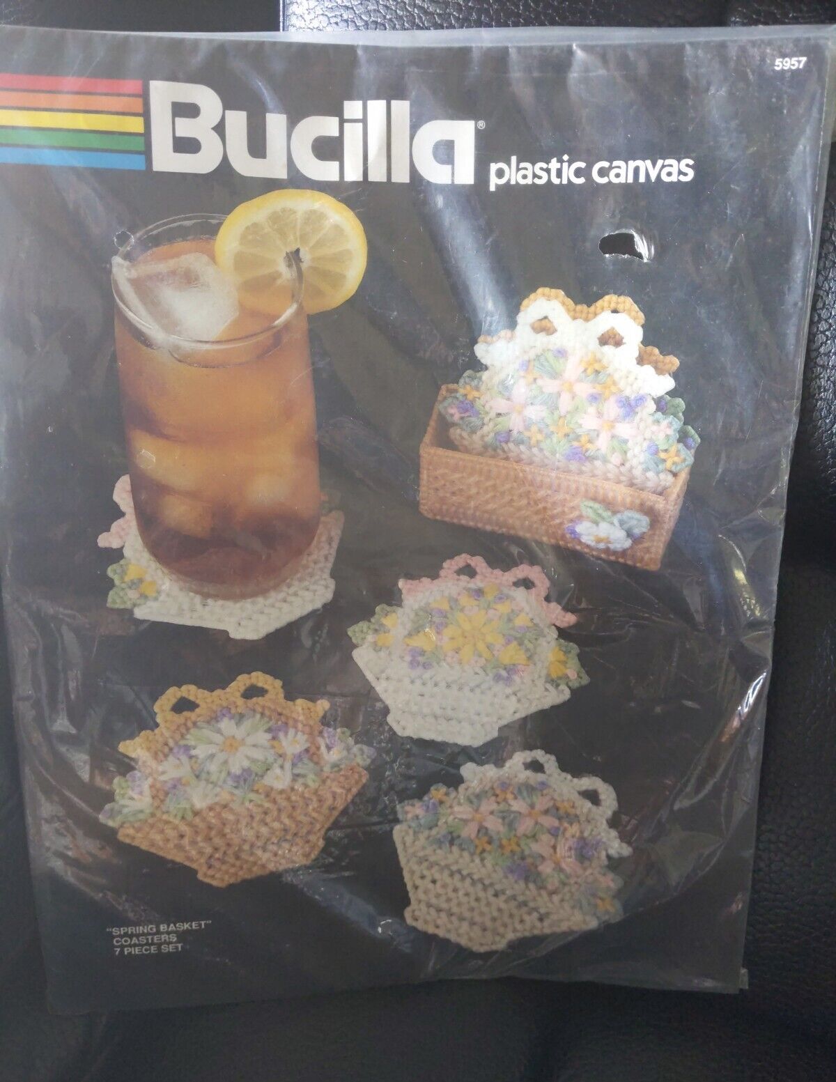 Bucilla Plastic Canvas Kit 5957 Spring Basket Coasters 7 PC Set Flowers New