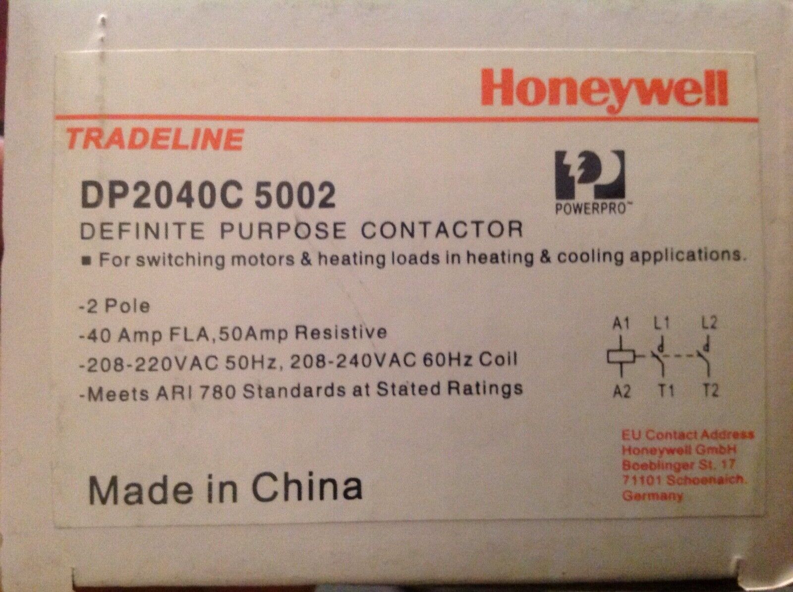 Honeywell DP2040C5002 2POLE 40A/240V PWRPRO CNTACTR Fit Honeywell