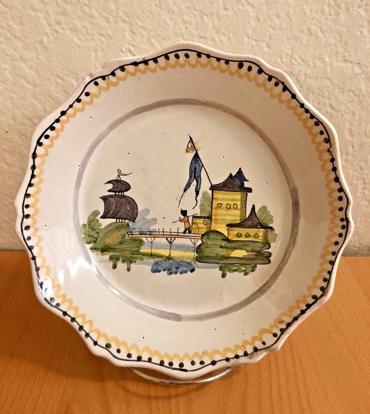 Antique FRENCH FAIENCE PLATE NEVERS, man ship & bridge.