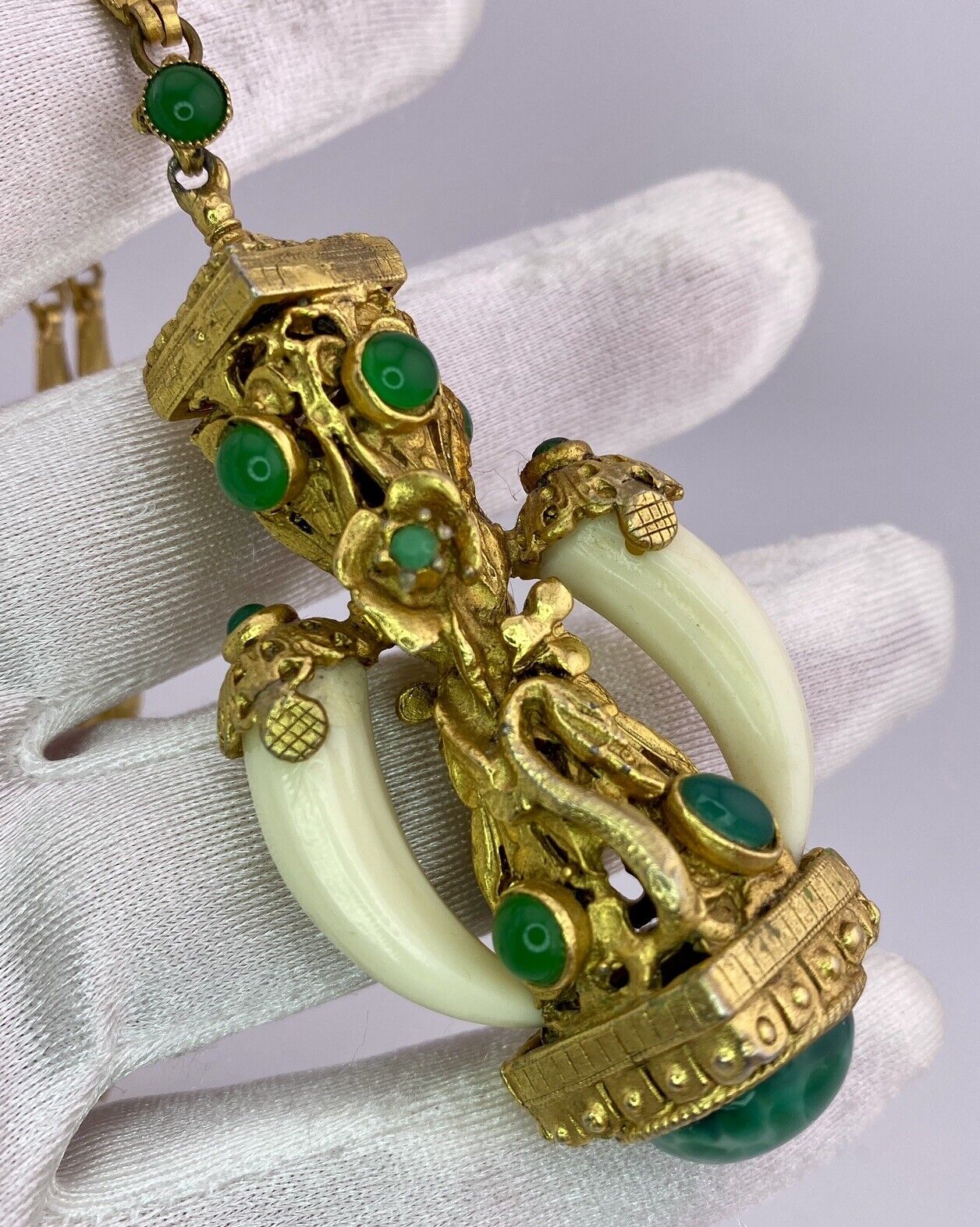Vintage RARE Etruscan Pendant Jade Cabochon Fob On 25” Gold Filled Necklace