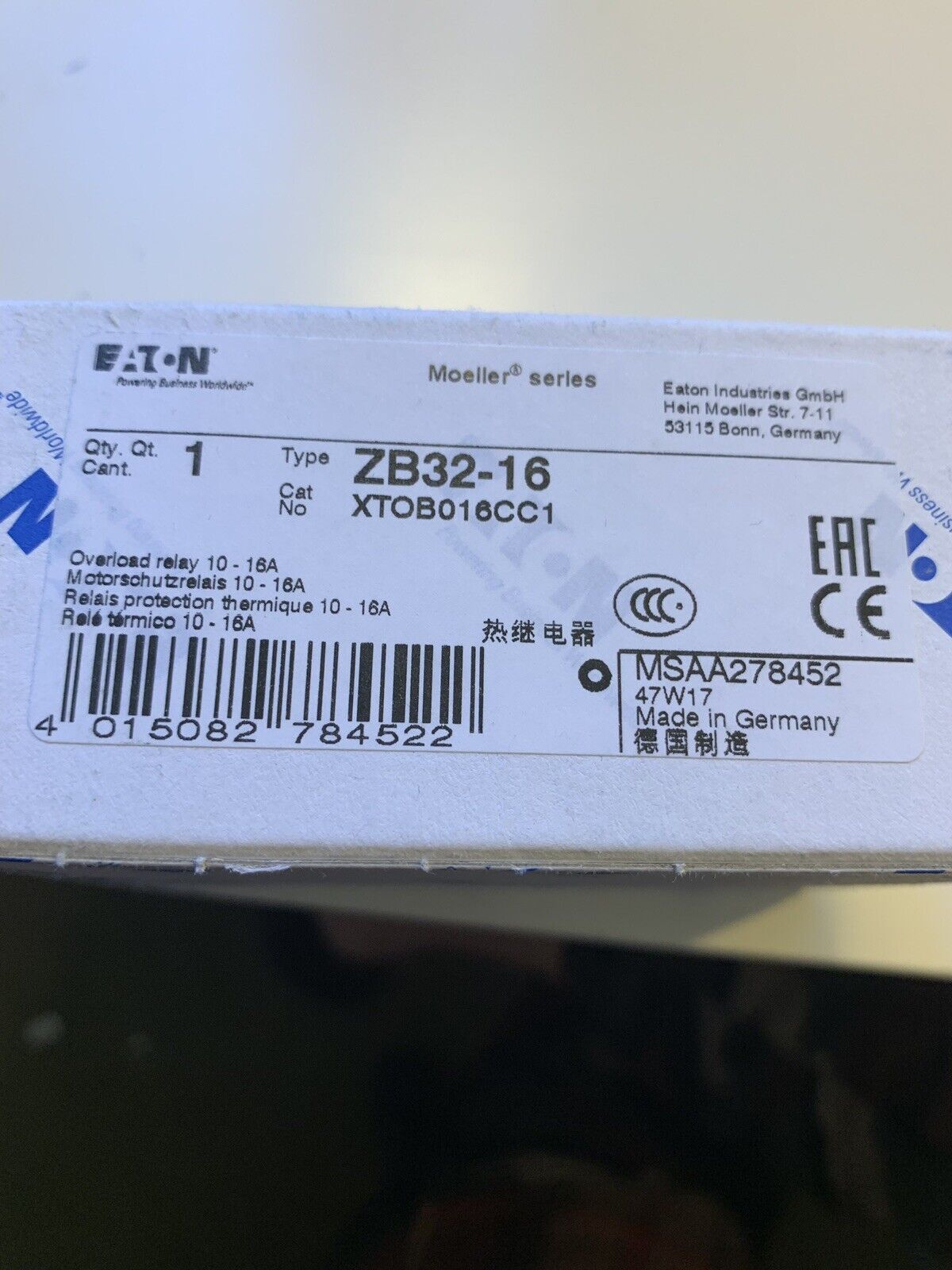 ZB32-16     MOELLER /EATON XTOB016CC1           10-16 AMPS