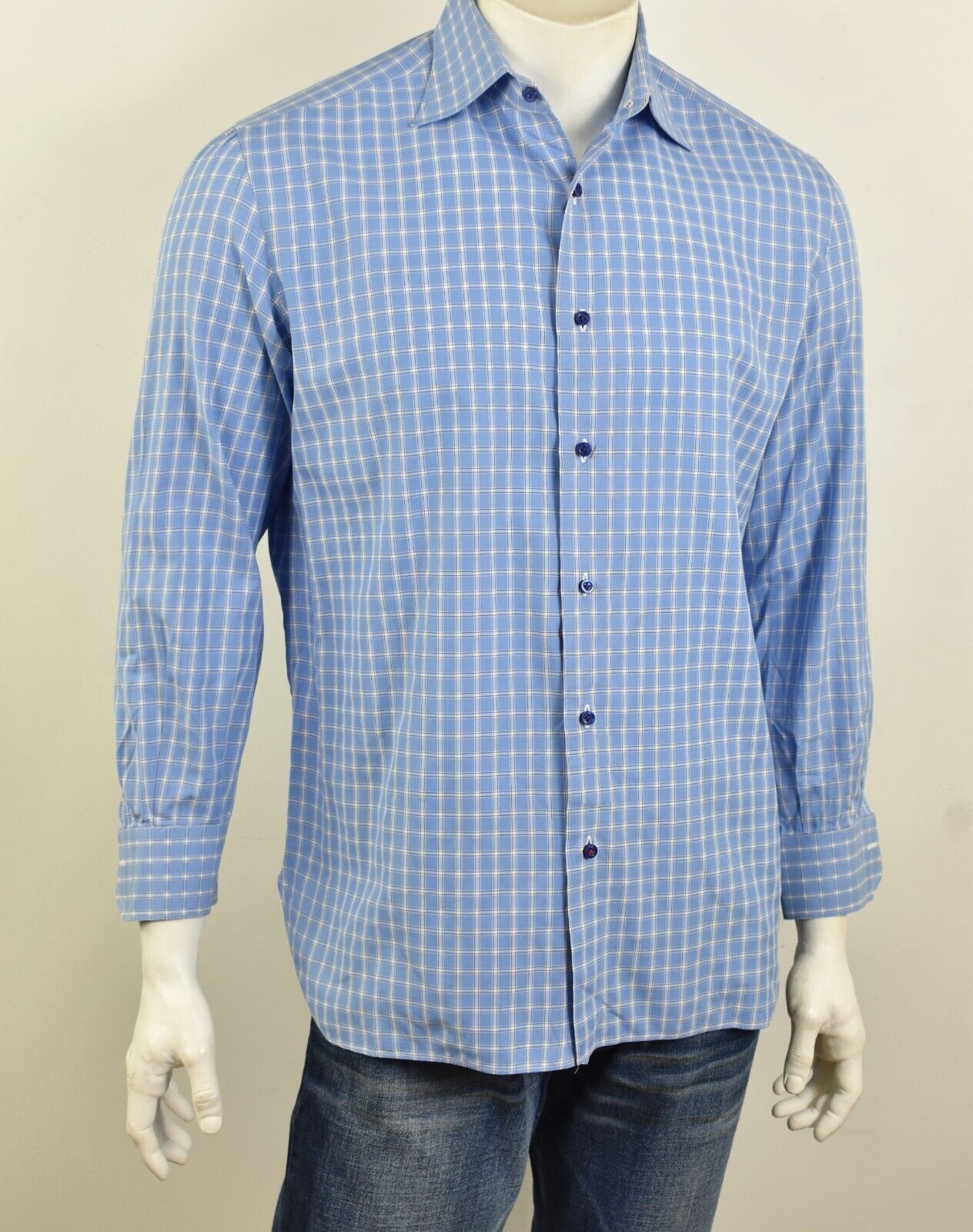 ISAIA Napoli Blue & White Check Italian Cotton Long Sleeve Shirt 16/ 41