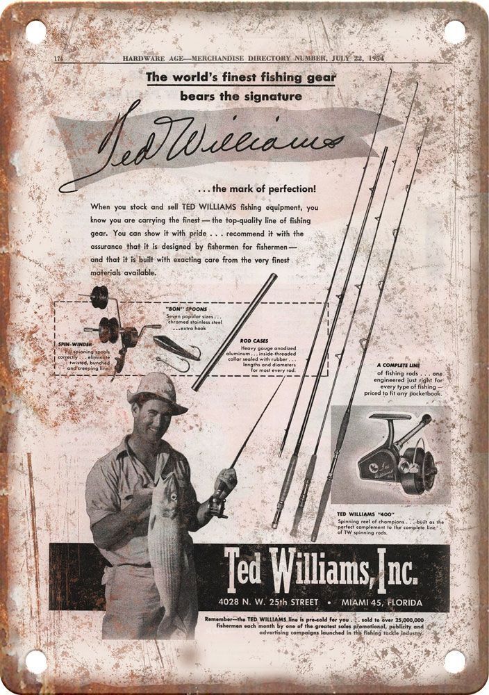 Vintage Ted Williams Fishing Ad Reproduction Metal Sign FF48