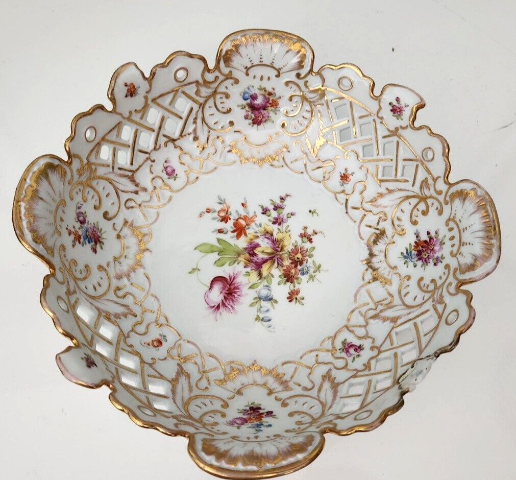 Richard KLemm  Dresden Reticulated Porcelain Hand Painted Floral Bowl Gilt