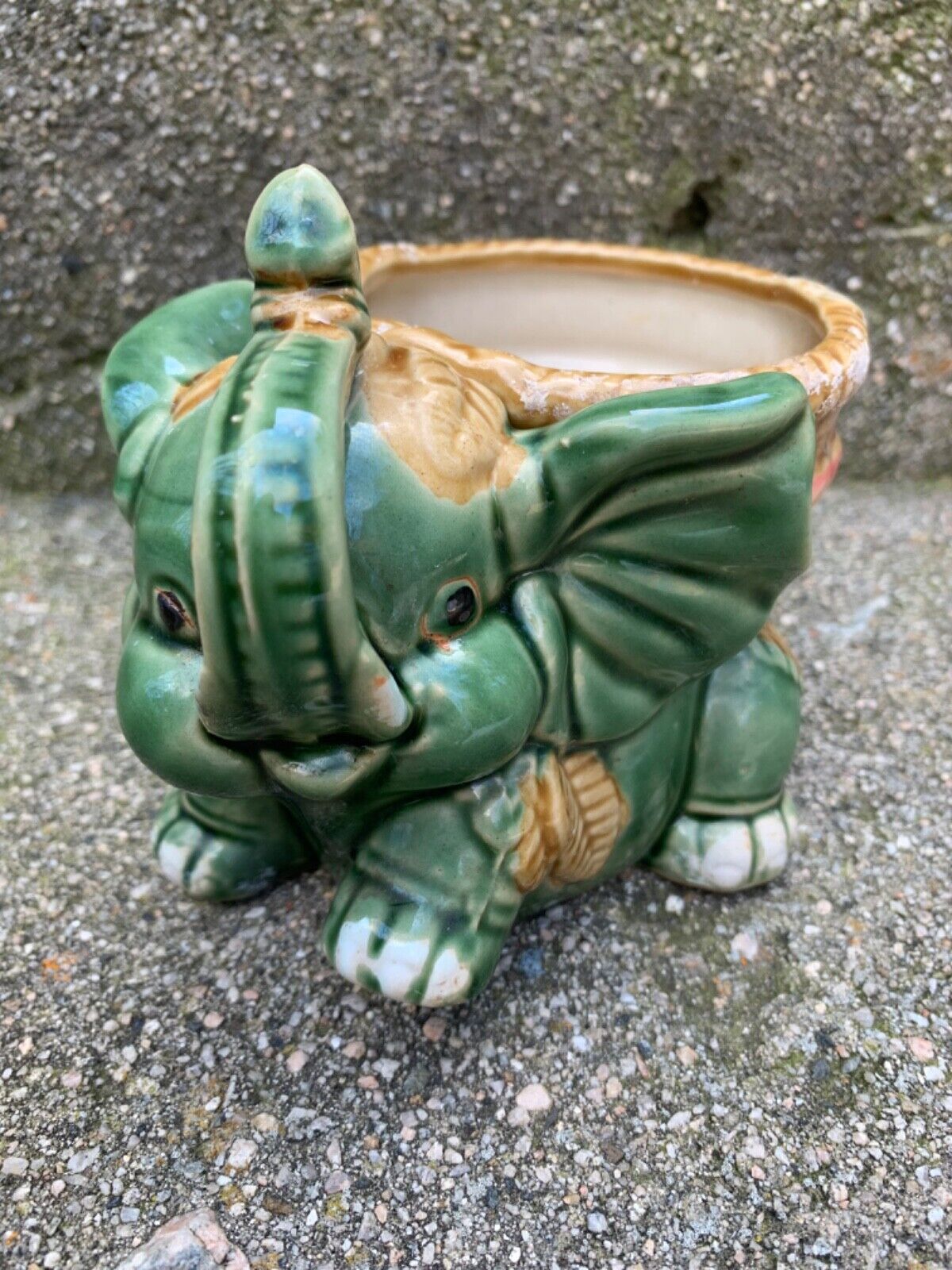Vintage 1950\'s Green & Tan Elephant Ceramic Planter-Majolica Inspired 