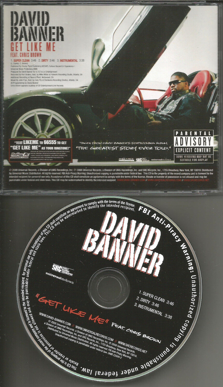 DAVID BANNER w/ CHRIS BROWN Get Like Me CLEAN & INSTRUMENTAL PROMO DJ CD Single