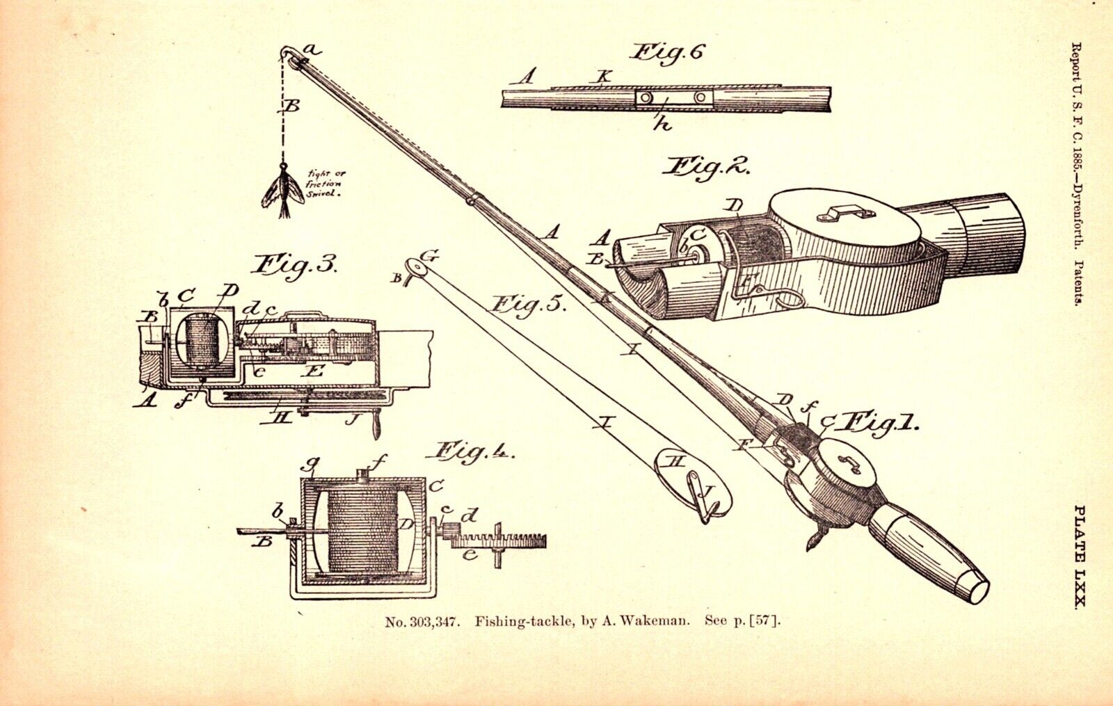 2 Prints, FISHING-TACKLE, FISHING REEL Antique Original Patent engraving 1887