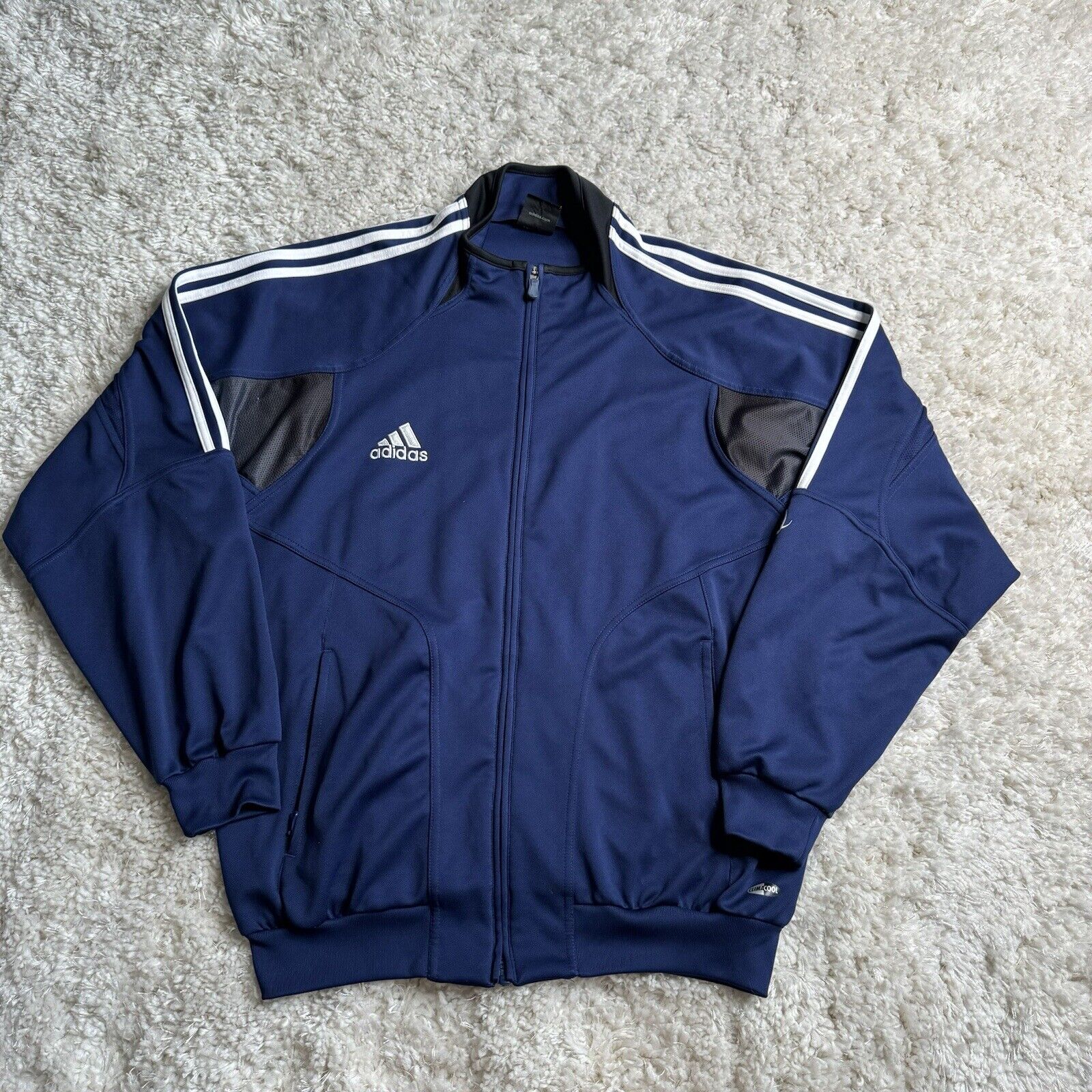 Vintage Adidas Jacket Mens Large Blue Full Zip Sports Soccer 90s Three Stripe