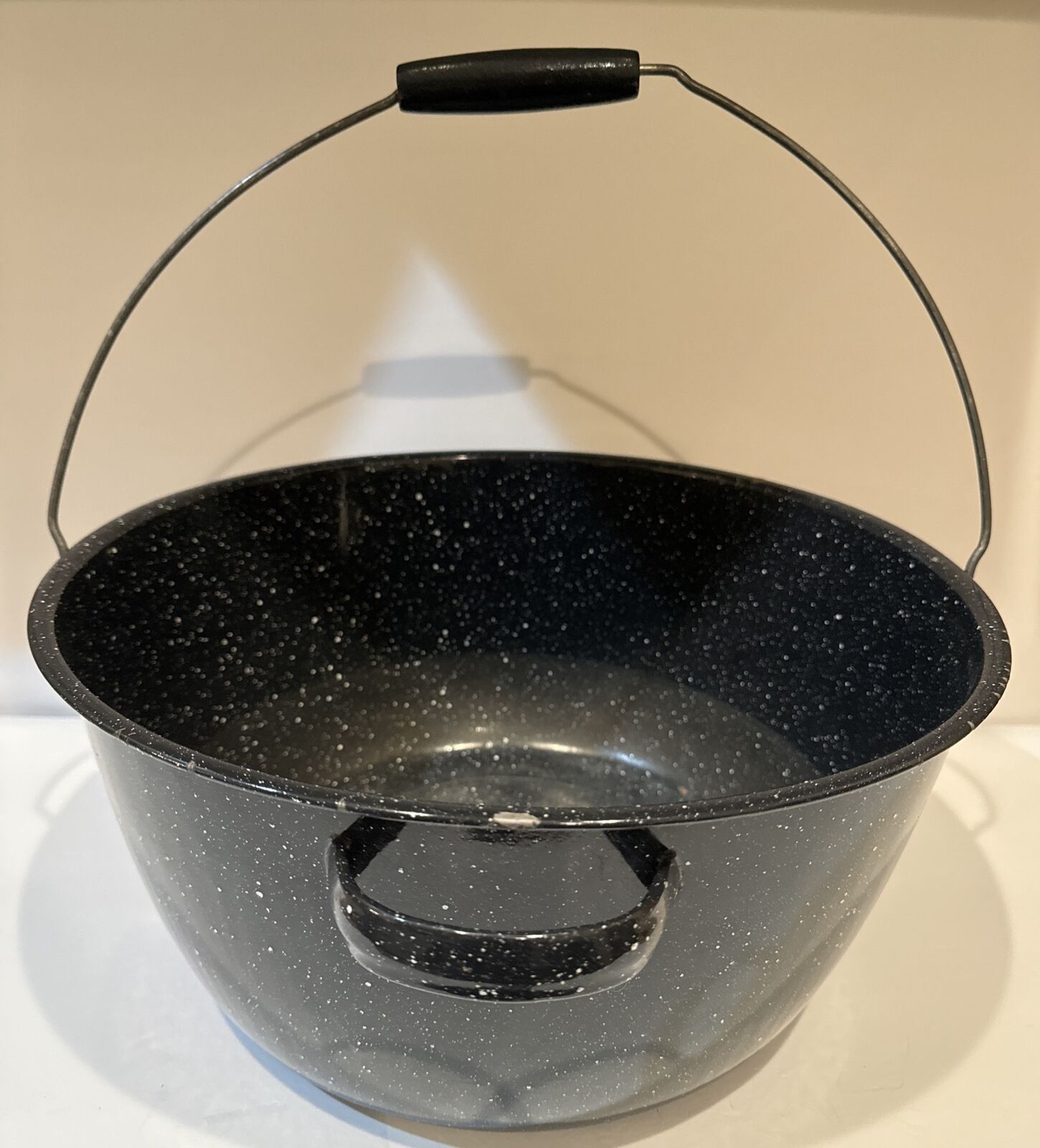 Antique Graniteware Black & White Large Pot w Wooden Handle 15” Diameter