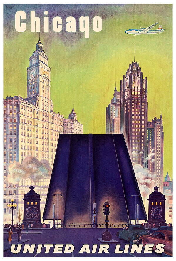 United Airlines - Chicago - 1940s - Vintage Travel Poster