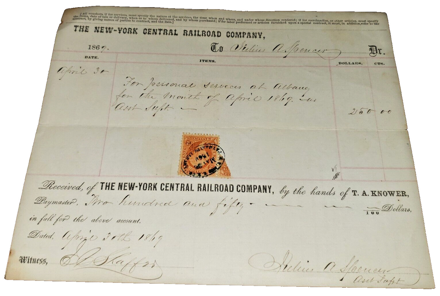 APRIL 1869 NEW YORK CENTRAL RAILROAD NYC PAYMASTER RECEIPT SUPT. JULIUS SPENCER