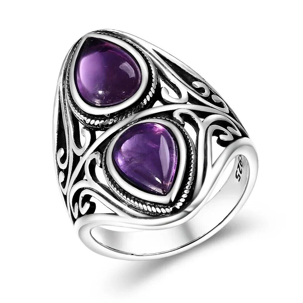 Genuine Vintage Amethyst Ring 925 Sterling Silver Statement Jewelry for Women