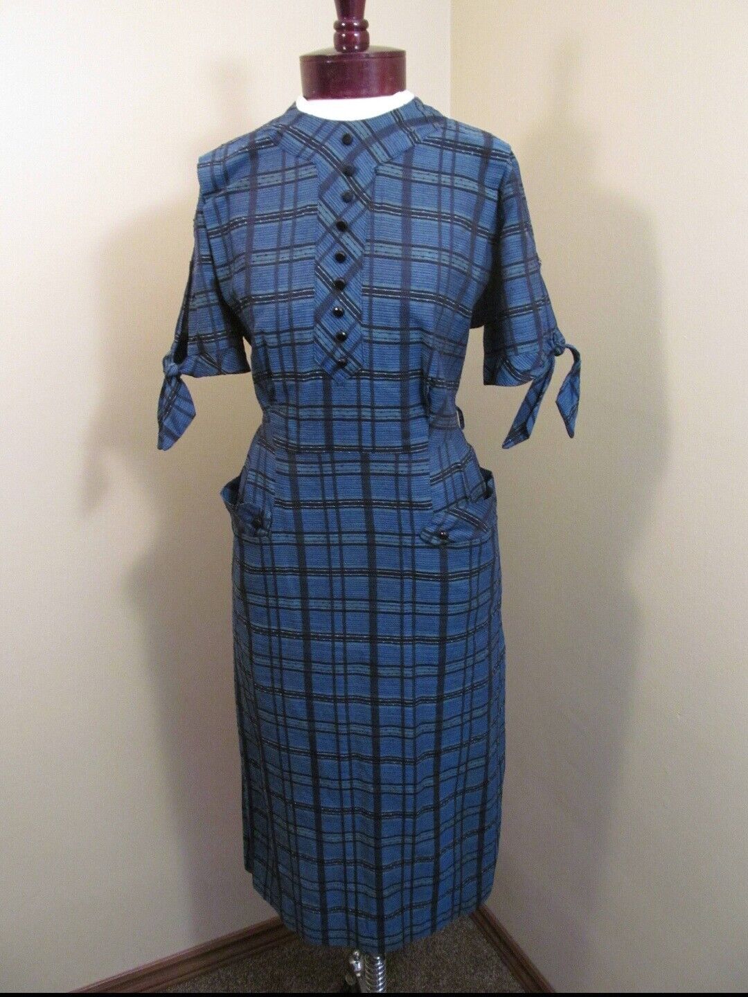 Vintage 1950s 1960s Kay Ashton  Blue With Black Plaid Sheath Dress Size Large