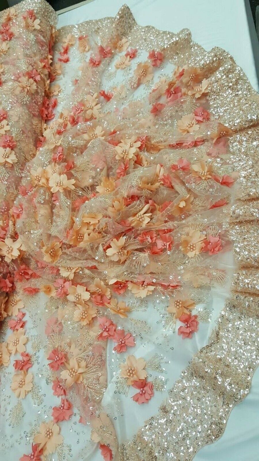 Coral Peach Hand Beaded Lace Sequin Double Scalloped 3d Multicolor Floral Flower