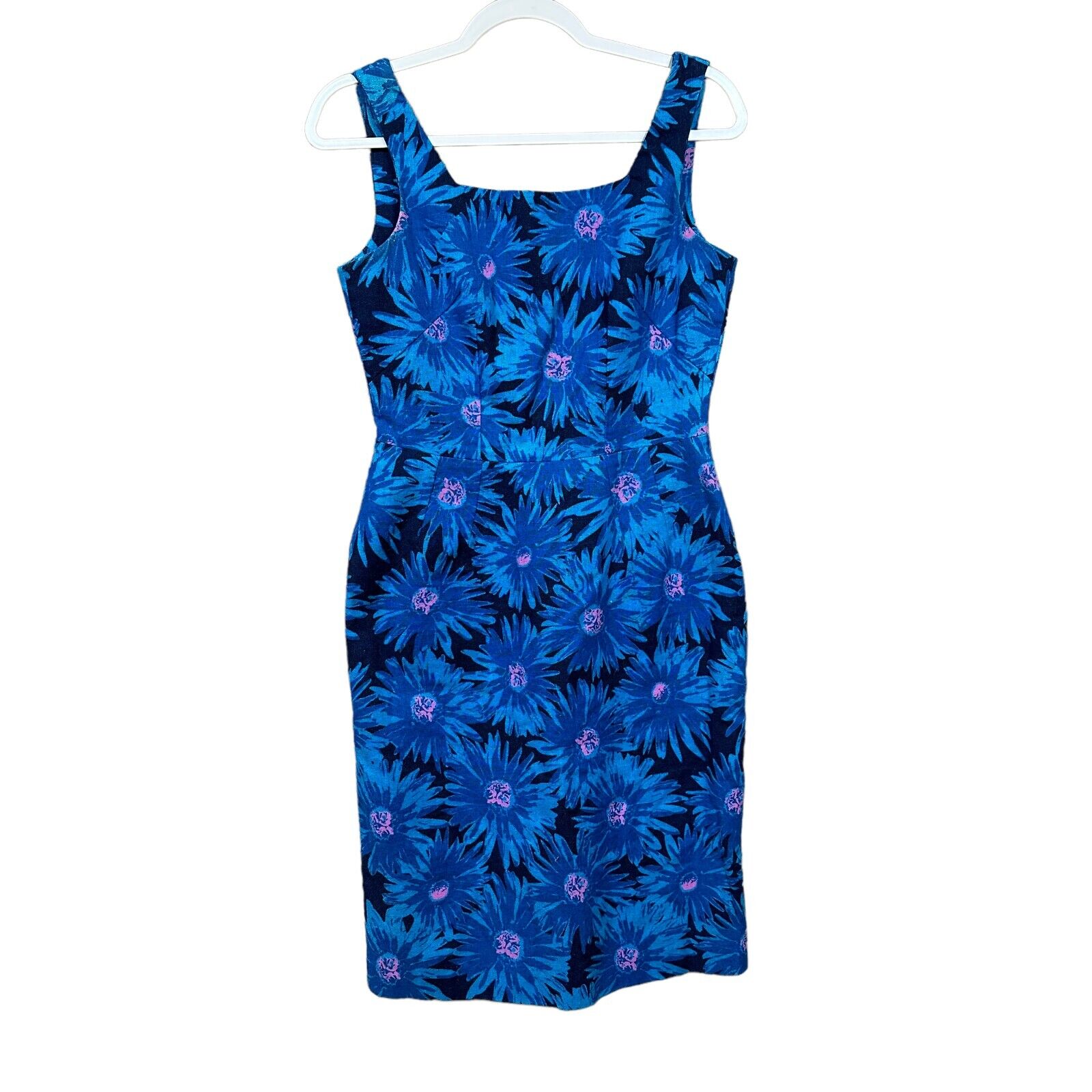 Vintage BB Dakota Womens Dress Small Blue Floral Linen Cotton Sleeveless Lined