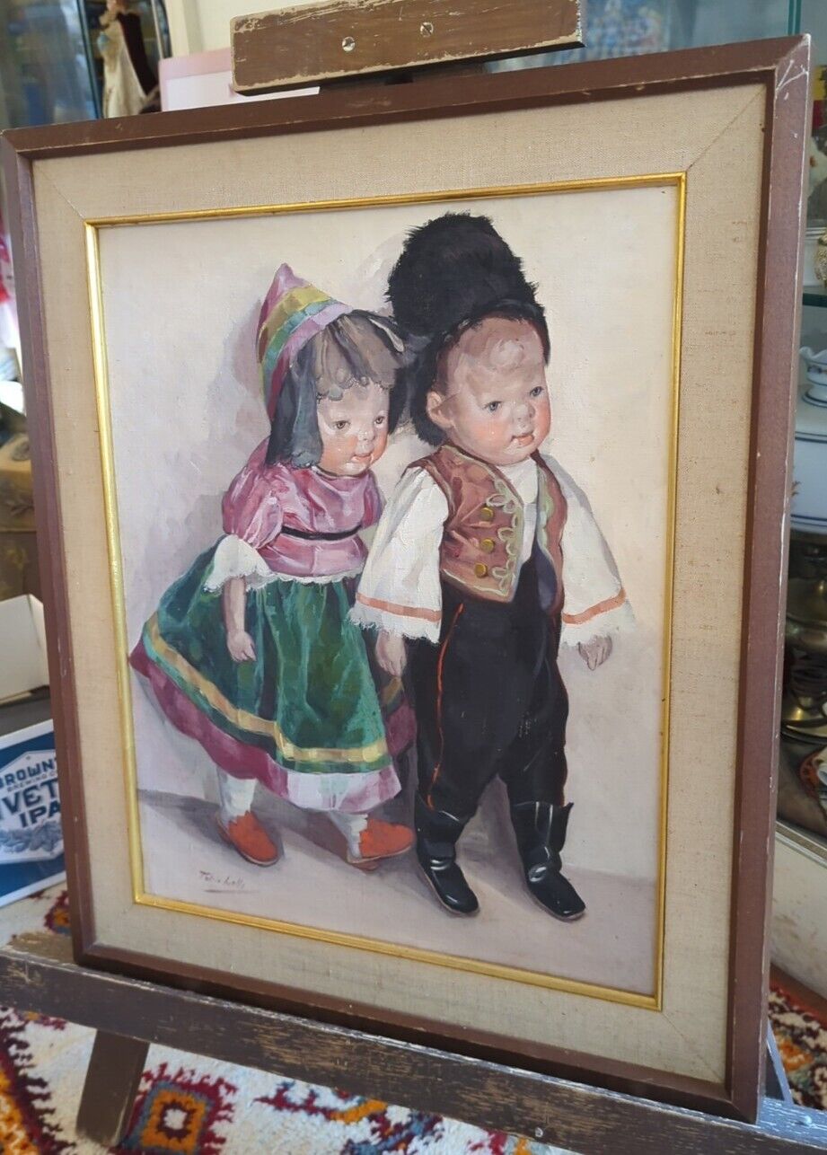 Vintage Painting Of Kathe Kruse Dolls by Hungarian artist Lolly Feher c1950-1960