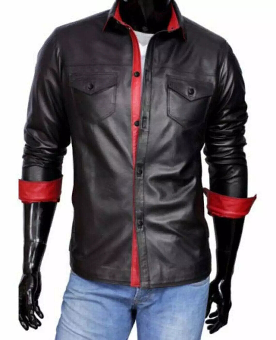 Genuine Lambskin Leather Stylish Handmade Party Casual Men\'s Black Leather Shirt