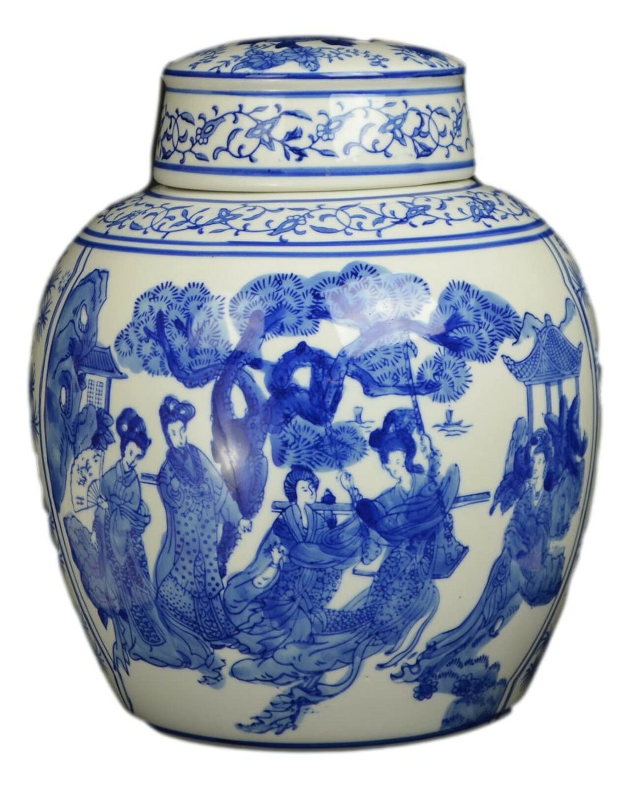 Blue and White Porcelain Ceramic Covered Jar Vase, Beautiful Antient Ladies ,...