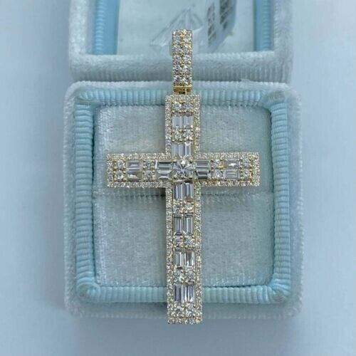 3Ct Baguette Cut Real Moissanite Cross Pendant 925 Sterling Silver Free Chain