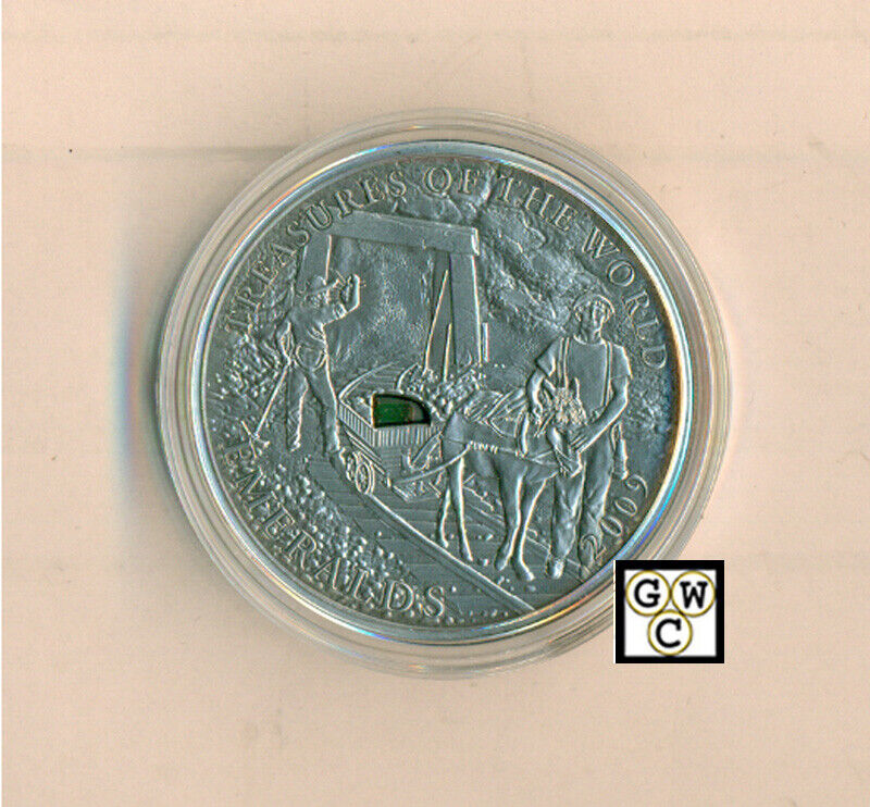 2009 Palau 5$ Treasures of the World-Emeralds 25g Fine Silver Coin with Gemstone