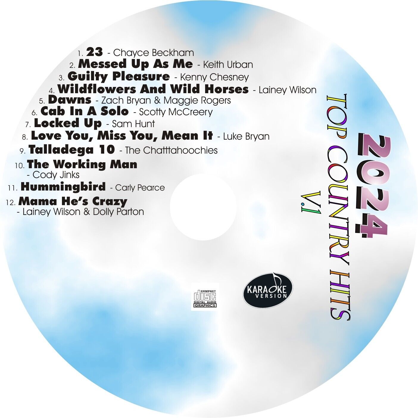 CUSTOM KARAOKE 2024 TOP COUNTRY v1 12 GREAT SONGS cdg CD+G LAINEY LUKE SAM HUNT