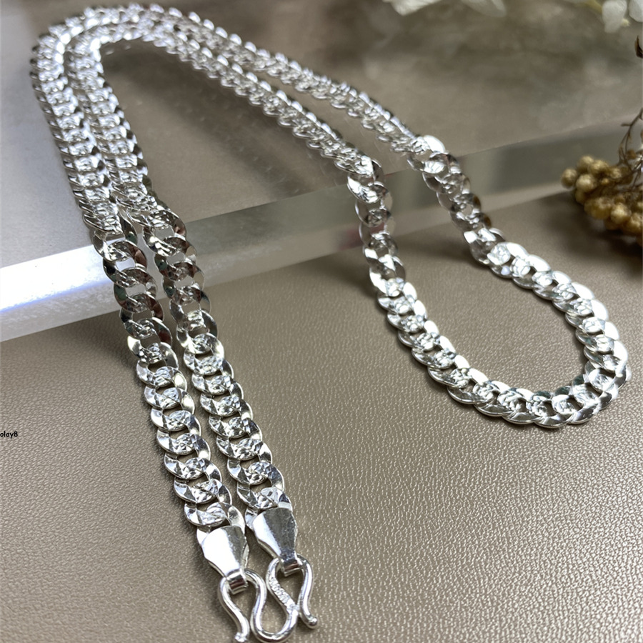 Pure S999 Fine Silver 999 Chain Men Women Shiny Curb Link Necklace 
