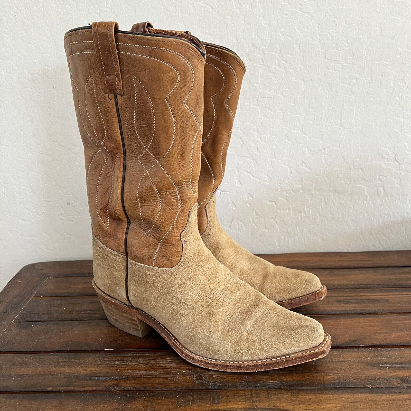 Vintage Acme Tan Roughout Suede Leather Cowboy Boots Mens Size 9.5 E USA