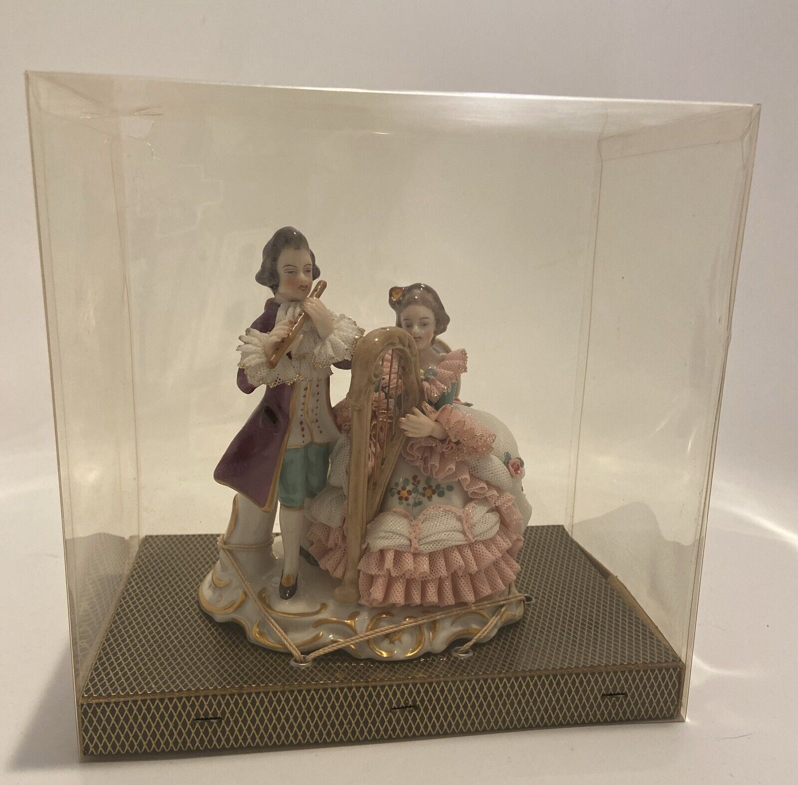 Vintage F.W. German Dresden Lace Porcelain Figurine, Couple with Harp Flute NEW