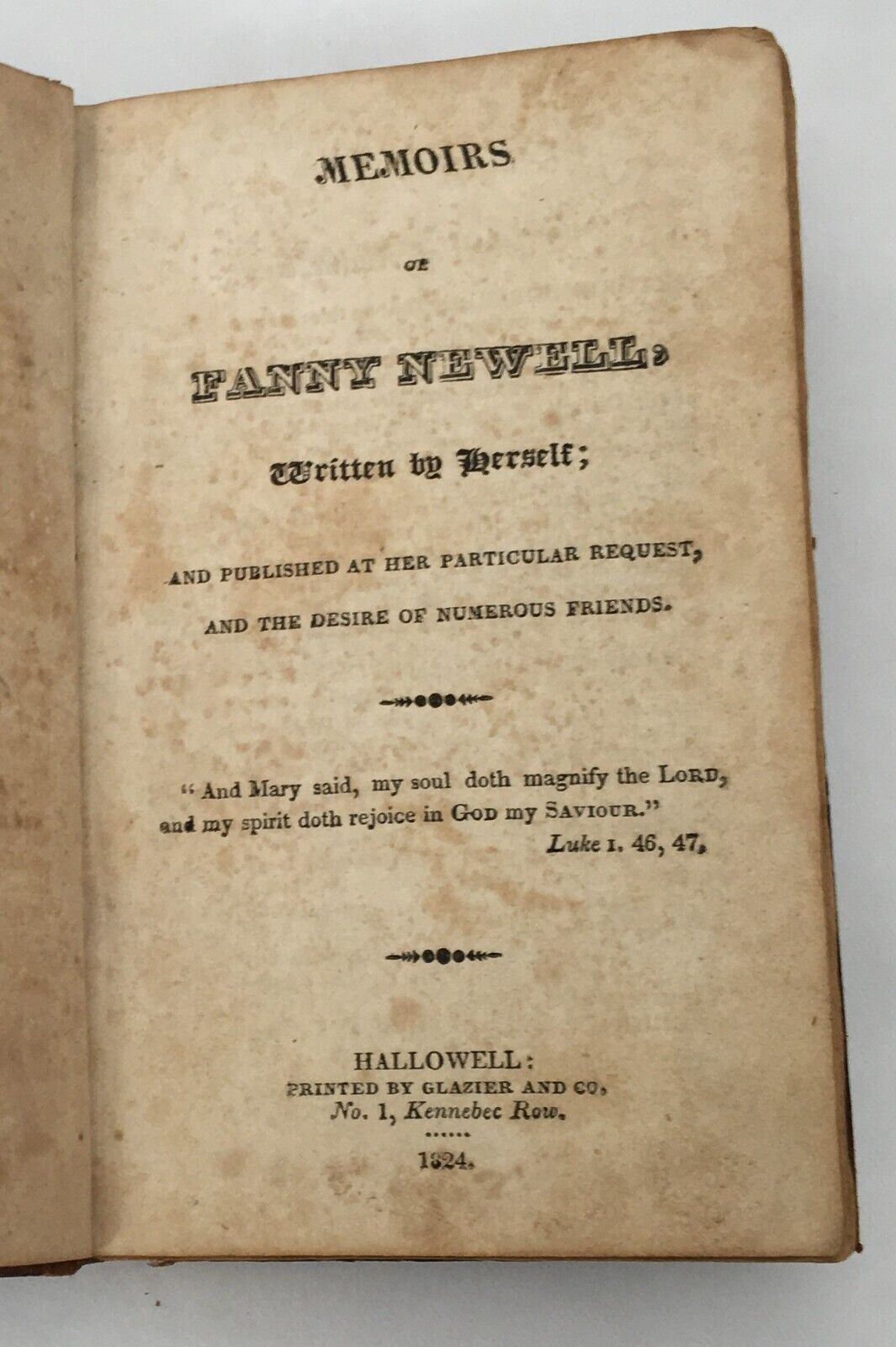 Rare, Memoirs of Fanny Newell, Hallowell Maine, Grazier and Co., 1824