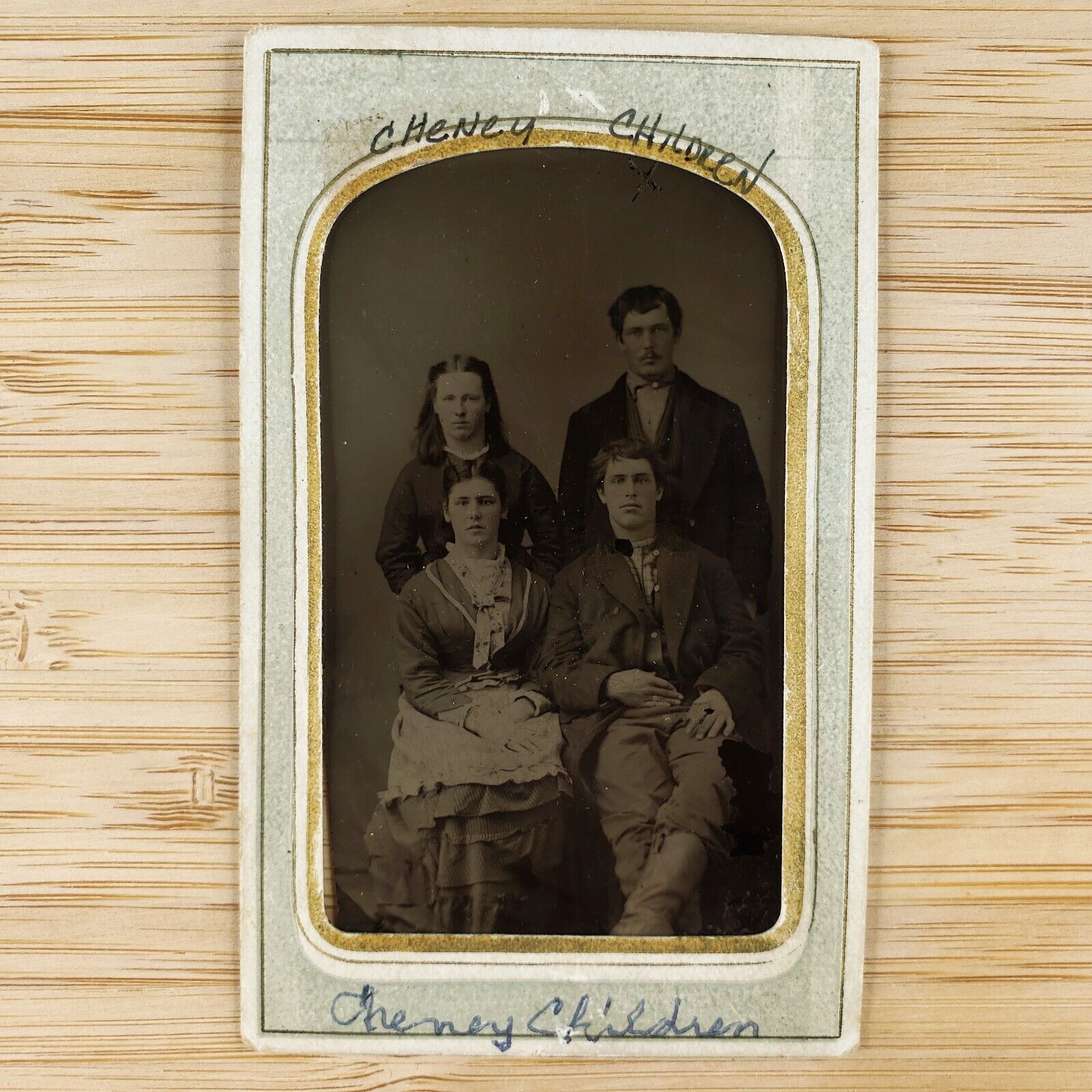 Cheney Brother Sister Group Tintype c1870 Antique 1/6 Plate Family Photo C3065