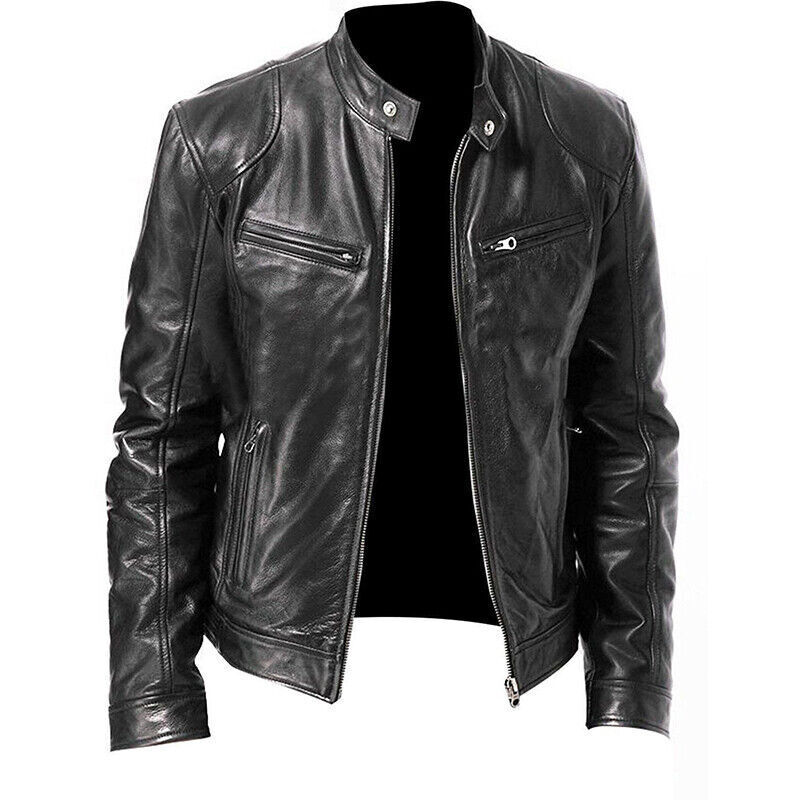 Men's Motorcycle Biker Black Leather Jacket Cafe Racer Genuine Lamb Leather