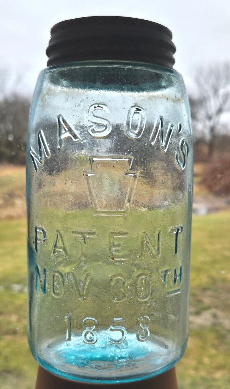 Blue Quart Mason\'s w/ Keystone Patent Nov 30th 1858 Fruit Canning