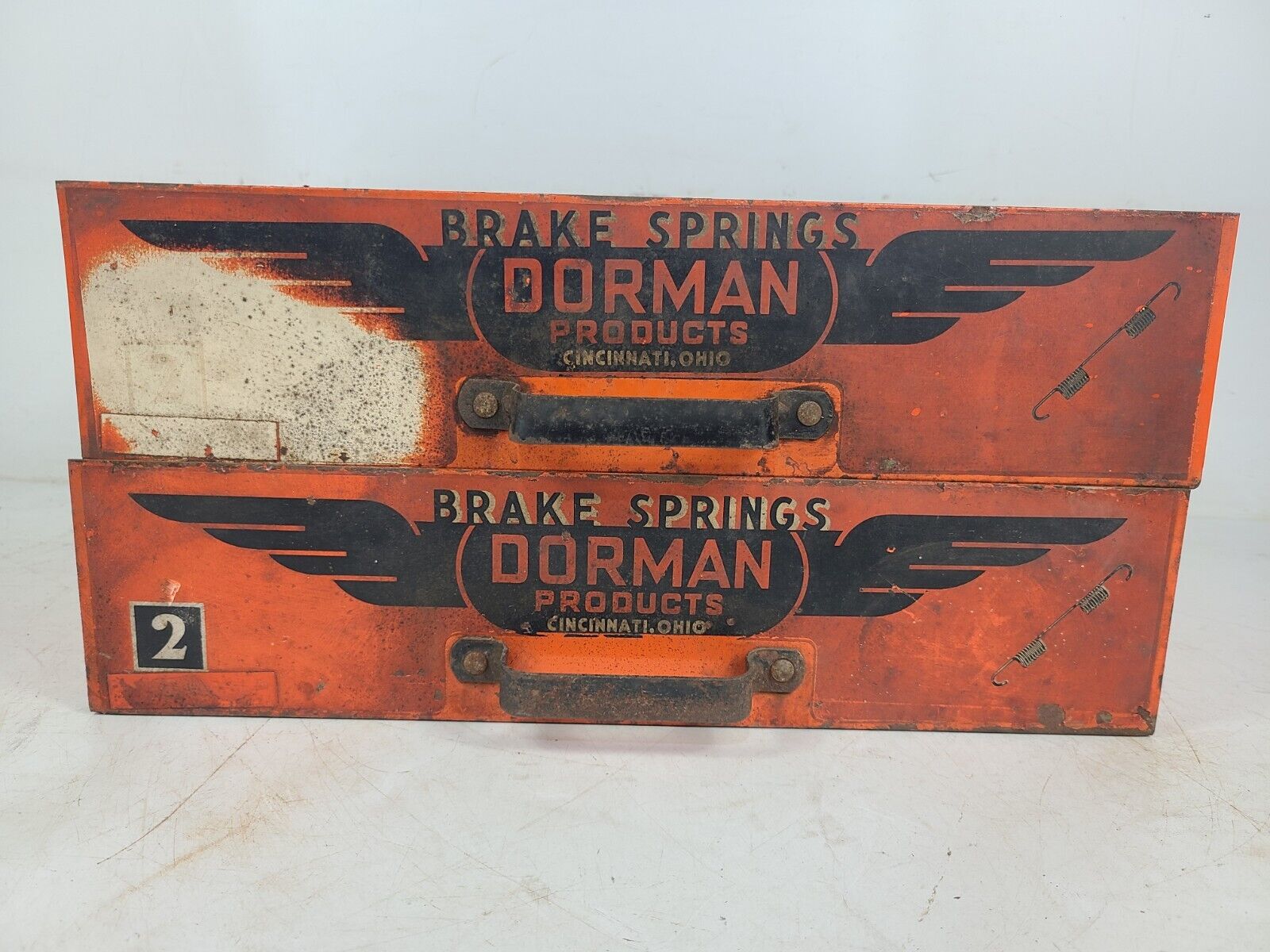 Vintage Dorman #2 Brake Springs Orange Steel Cabinet Organizer Drawers Lot Of 2
